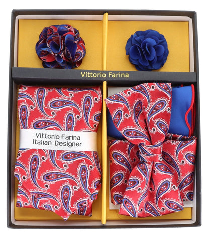 Vittorio Farina Men's Design Necktie, Bow Tie, Pocket Squares and Flower Lapel Pin in a Gift Box - GB-21024 - Necktie, Bow Tie, Pocket Squares and Flower Lapel Pin - Vittorio Farina