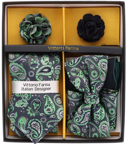 Vittorio Farina Men's Design Necktie, Bow Tie, Pocket Squares and Flower Lapel Pin in a Gift Box - GB-21026 - Necktie, Bow Tie, Pocket Squares and Flower Lapel Pin - Vittorio Farina