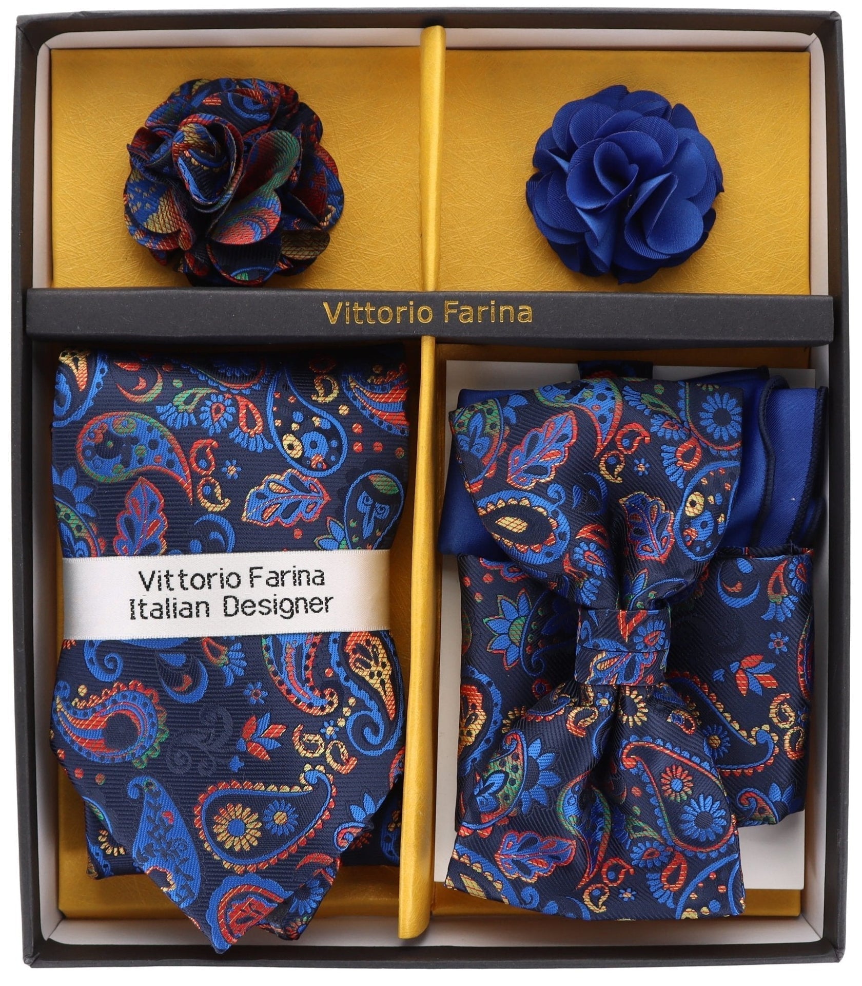 Vittorio Farina Men's Design Necktie, Bow Tie, Pocket Squares and Flower Lapel Pin in a Gift Box - GB-21026 - Necktie, Bow Tie, Pocket Squares and Flower Lapel Pin - Vittorio Farina
