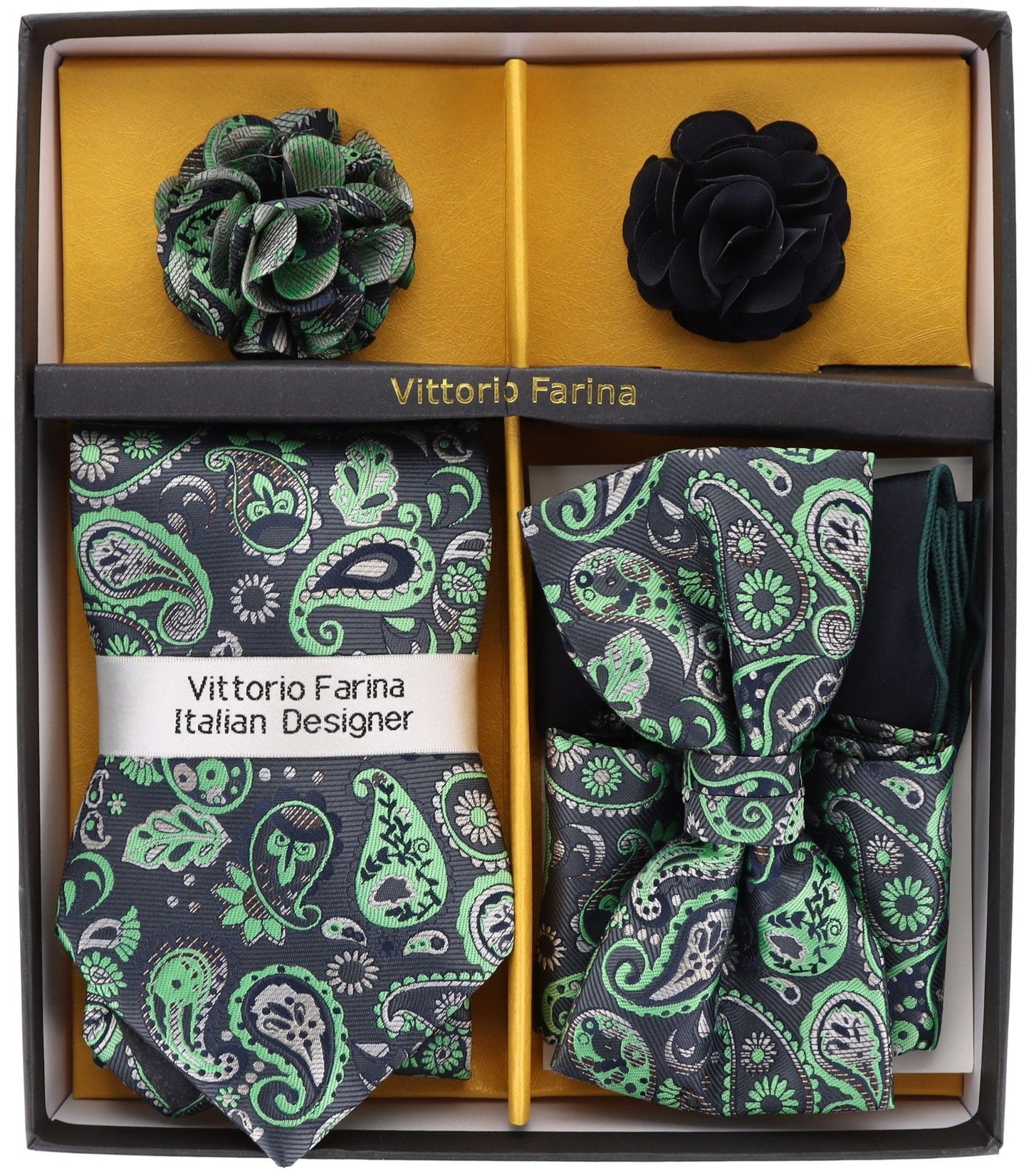 Vittorio Farina Men's Design Necktie, Bow Tie, Pocket Squares and Flower Lapel Pin in a Gift Box - GB-21026 - Necktie, Bow Tie, Pocket Squares and Flower Lapel Pin - Vittorio Farina
