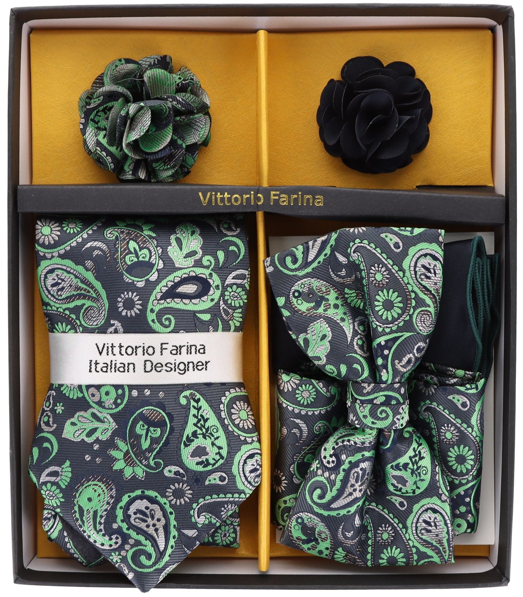 Vittorio Farina Men's Design Necktie, Bow Tie, Pocket Squares and Flower Lapel Pin in a Gift Box - GB-21026 - Necktie, Bow Tie, Pocket Squares and Flower Lapel Pin - Vittorio Farina