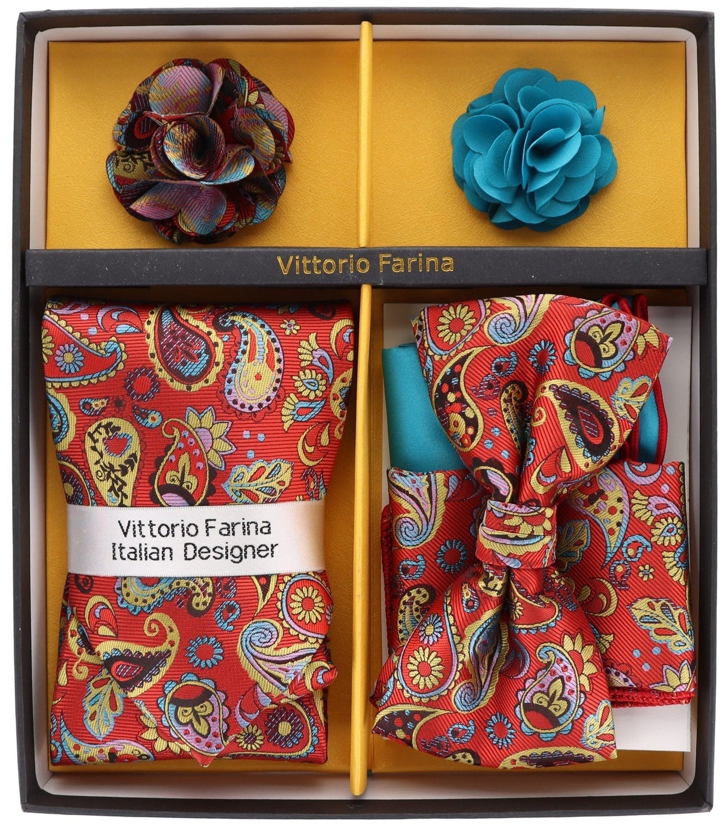 Vittorio Farina Men's Design Necktie, Bow Tie, Pocket Squares and Flower Lapel Pin in a Gift Box - GB-21026 - Necktie, Bow Tie, Pocket Squares and Flower Lapel Pin - Vittorio Farina