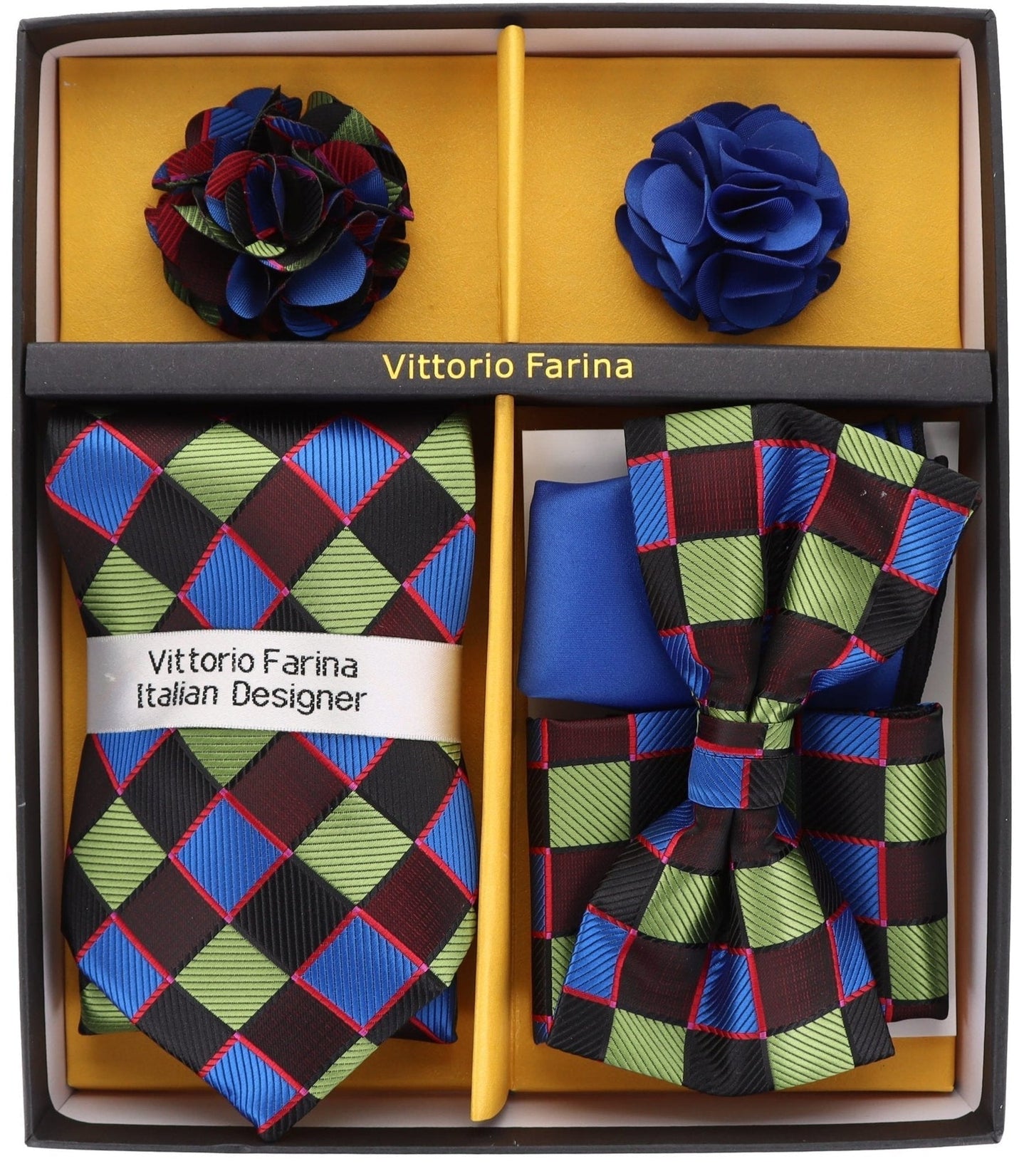 Vittorio Farina Men's Design Necktie, Bow Tie, Pocket Squares and Flower Lapel Pin in a Gift Box - GB-21028 - Necktie, Bow Tie, Pocket Squares and Flower Lapel Pin - Vittorio Farina