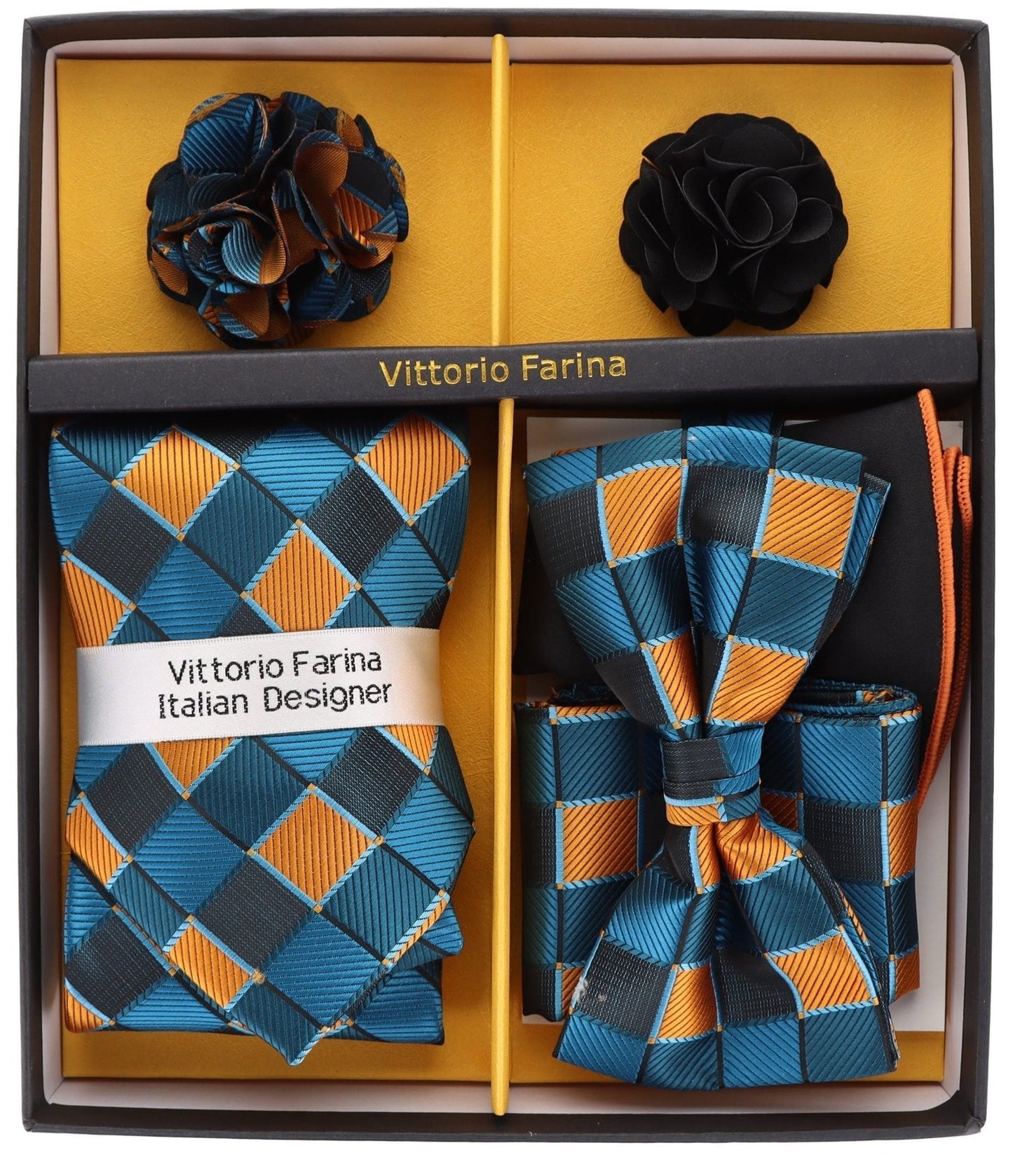 Vittorio Farina Men's Design Necktie, Bow Tie, Pocket Squares and Flower Lapel Pin in a Gift Box - GB-21029 - Necktie, Bow Tie, Pocket Squares and Flower Lapel Pin - Vittorio Farina