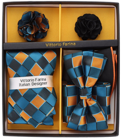Vittorio Farina Men's Design Necktie, Bow Tie, Pocket Squares and Flower Lapel Pin in a Gift Box - GB-21029 - Necktie, Bow Tie, Pocket Squares and Flower Lapel Pin - Vittorio Farina