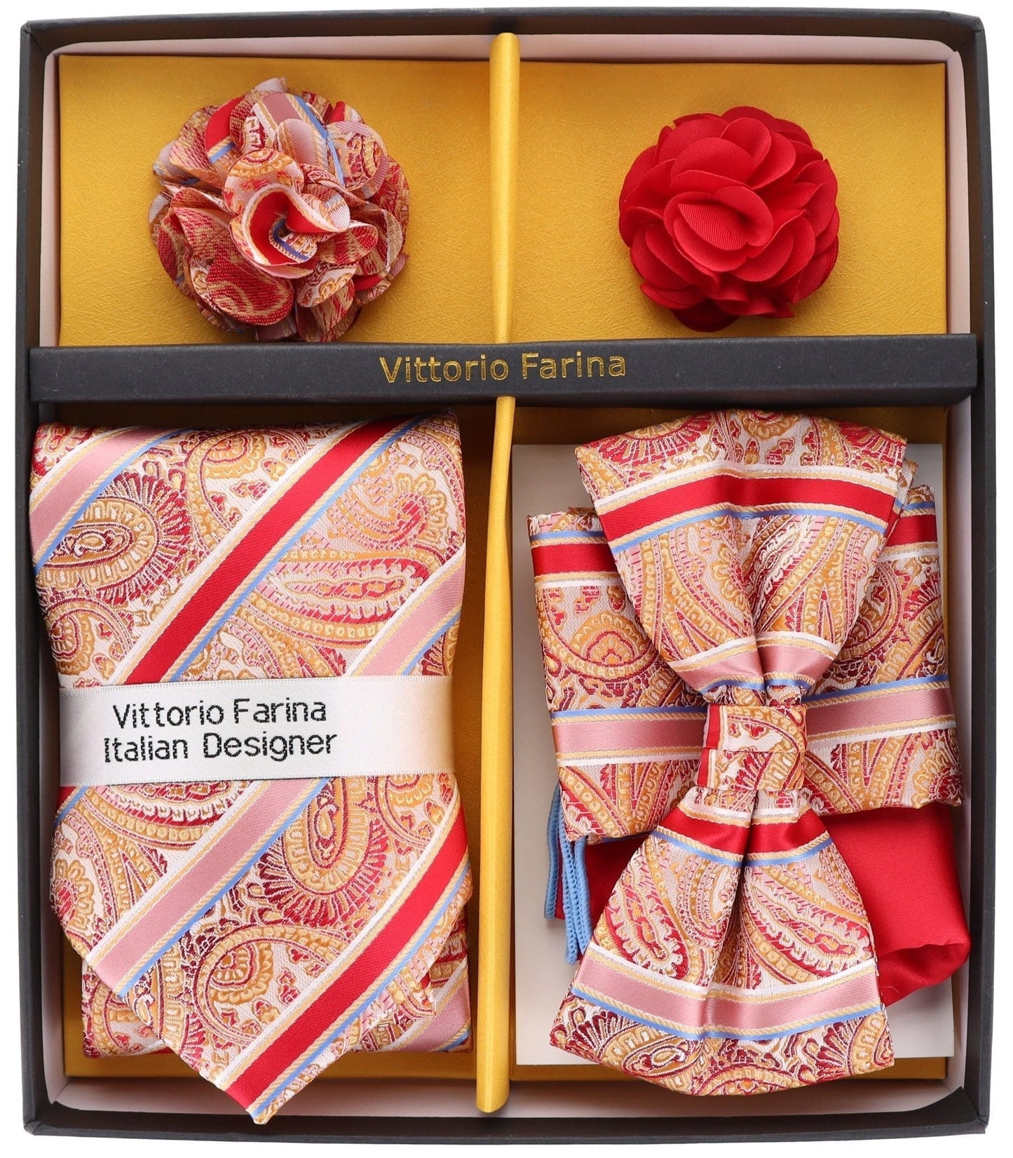 Vittorio Farina Men's Design Necktie, Bow Tie, Pocket Squares and Flower Lapel Pin in a Gift Box - GB-21031 - Necktie, Bow Tie, Pocket Squares and Flower Lapel Pin - Vittorio Farina