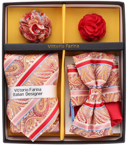 Vittorio Farina Men's Design Necktie, Bow Tie, Pocket Squares and Flower Lapel Pin in a Gift Box - GB-21031 - Necktie, Bow Tie, Pocket Squares and Flower Lapel Pin - Vittorio Farina