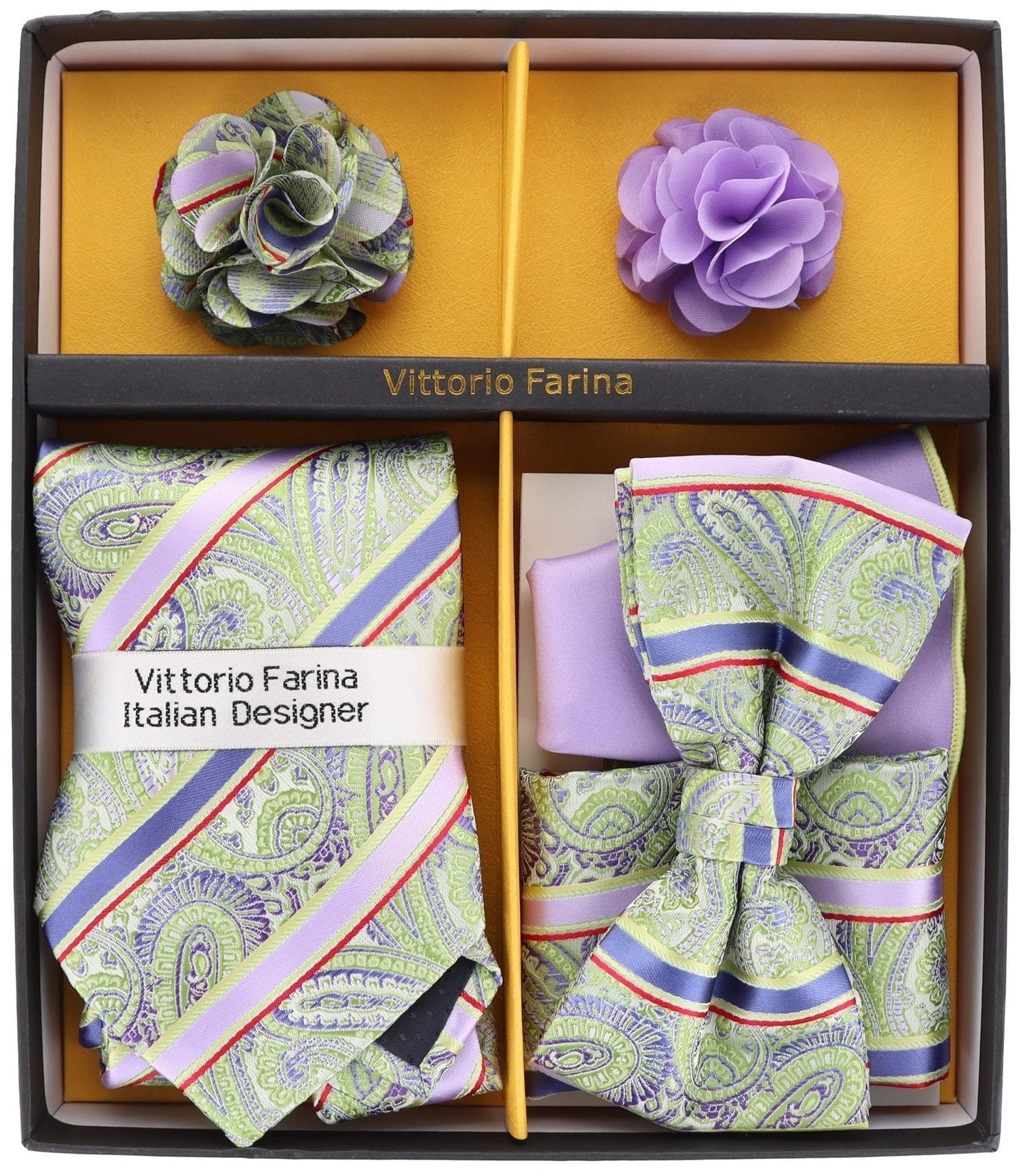 Vittorio Farina Men's Design Necktie, Bow Tie, Pocket Squares and Flower Lapel Pin in a Gift Box - GB-21032 - Necktie, Bow Tie, Pocket Squares and Flower Lapel Pin - Vittorio Farina