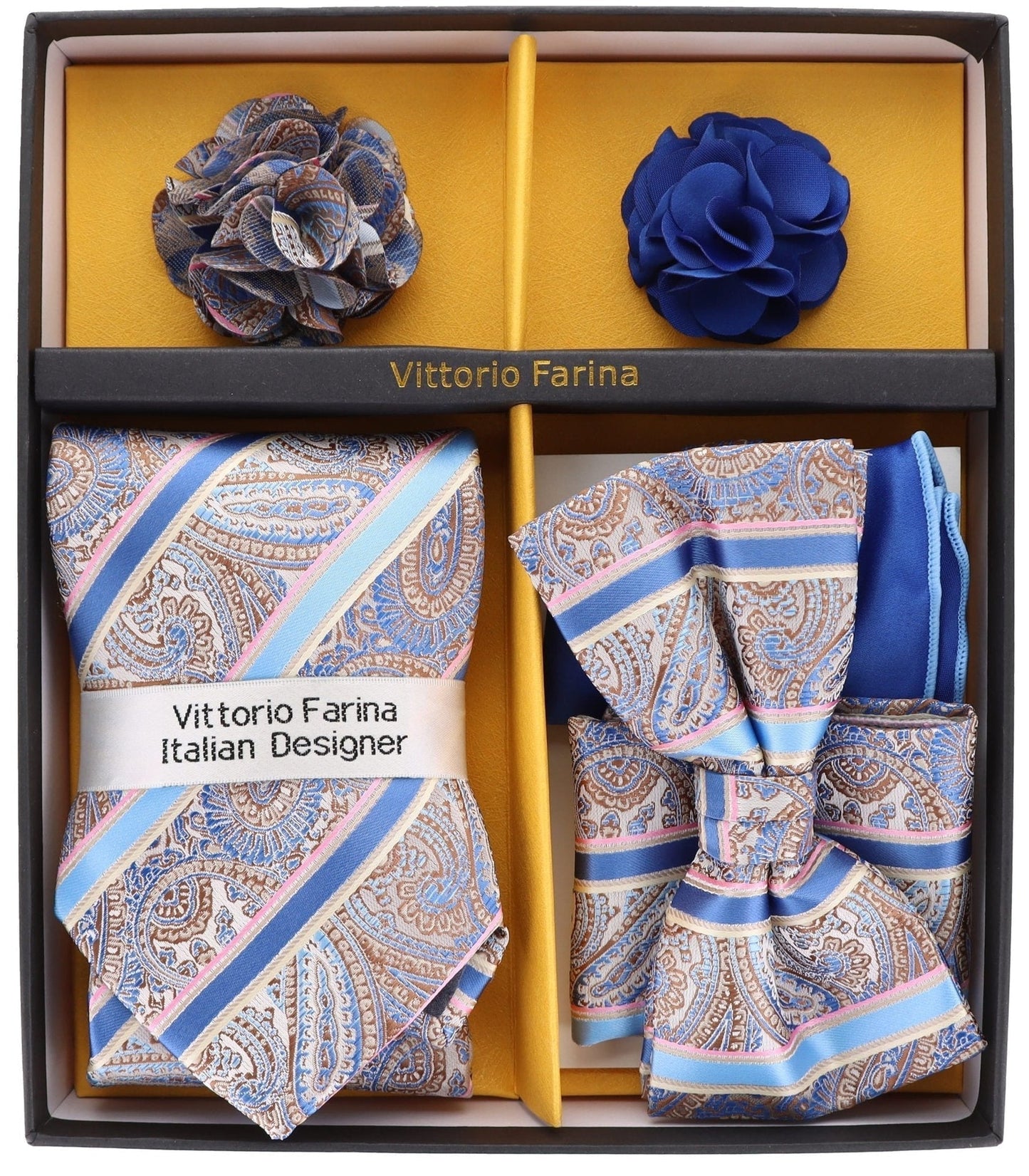 Vittorio Farina Men's Design Necktie, Bow Tie, Pocket Squares and Flower Lapel Pin in a Gift Box - GB-21032 - Necktie, Bow Tie, Pocket Squares and Flower Lapel Pin - Vittorio Farina