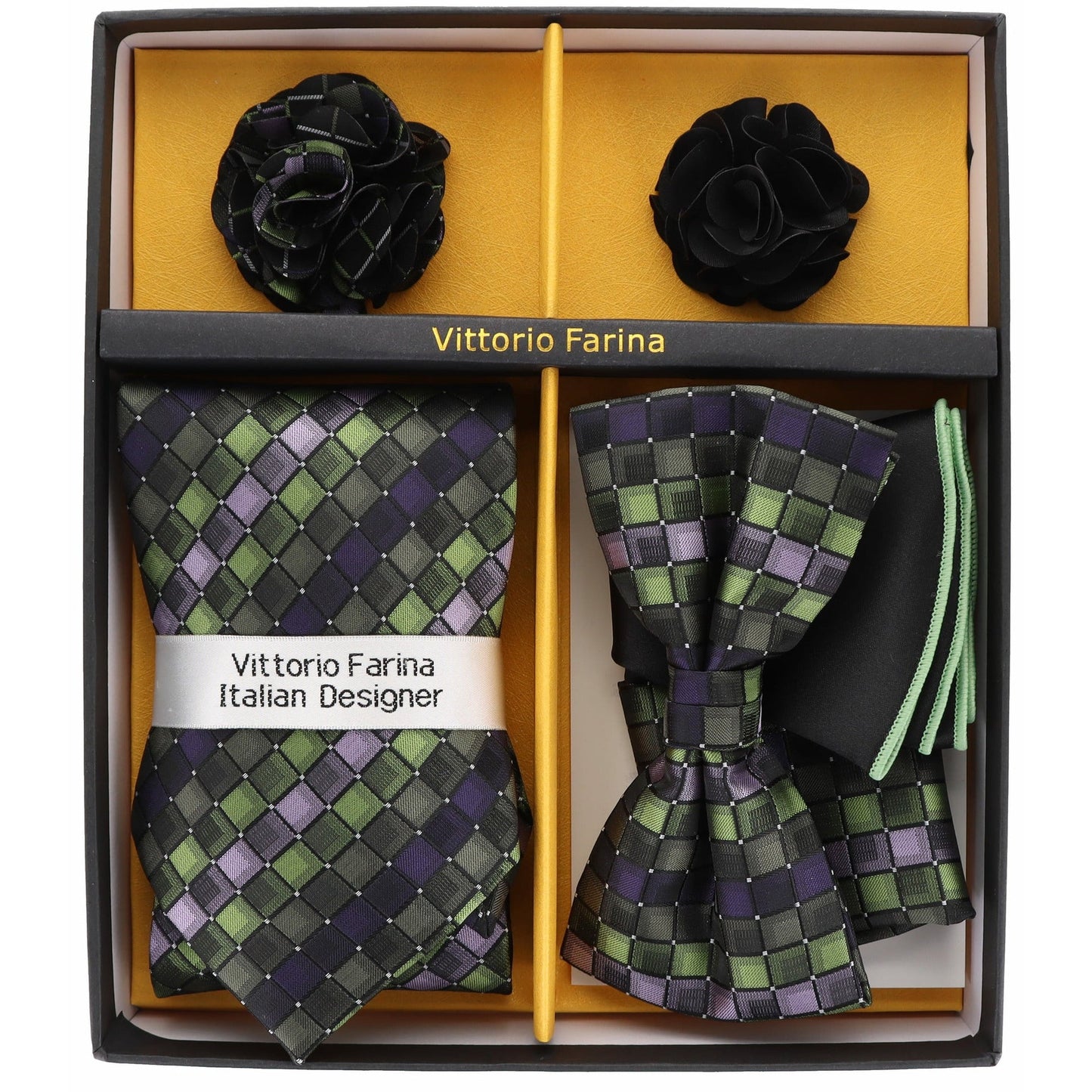 Vittorio Farina Men's Design Necktie, Bow Tie, Pocket Squares and Flower Lapel Pin in a Gift Box - GB-21036 - Necktie, Bow Tie, Pocket Squares and Flower Lapel Pin - Vittorio Farina