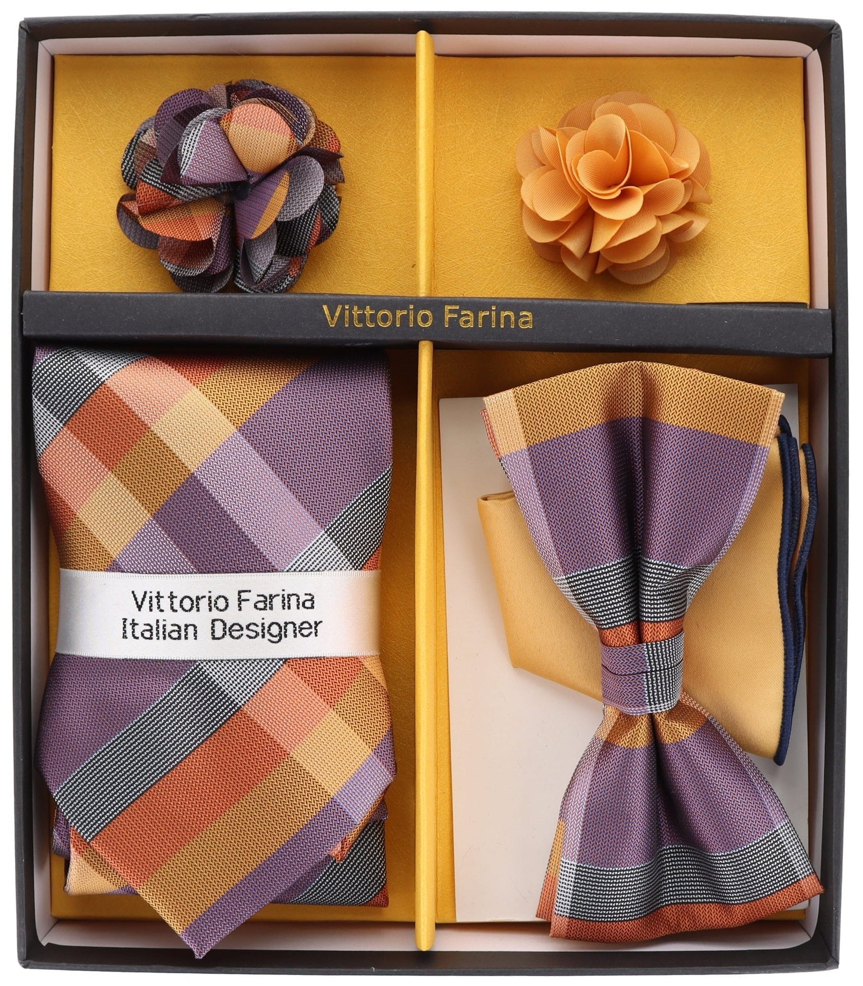 Vittorio Farina Men's Design Necktie, Bow Tie, Pocket Squares and Flower Lapel Pin in a Gift Box - GB-21038 - Necktie, Bow Tie, Pocket Squares and Flower Lapel Pin - Vittorio Farina