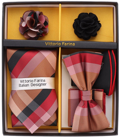 Vittorio Farina Men's Design Necktie, Bow Tie, Pocket Squares and Flower Lapel Pin in a Gift Box - GB-21038 - Necktie, Bow Tie, Pocket Squares and Flower Lapel Pin - Vittorio Farina