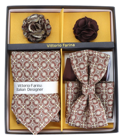 Vittorio Farina Men's Design Necktie, Bow Tie, Pocket Squares and Flower Lapel Pin in a Gift Box - GB-21039 - Necktie, Bow Tie, Pocket Squares and Flower Lapel Pin - Vittorio Farina