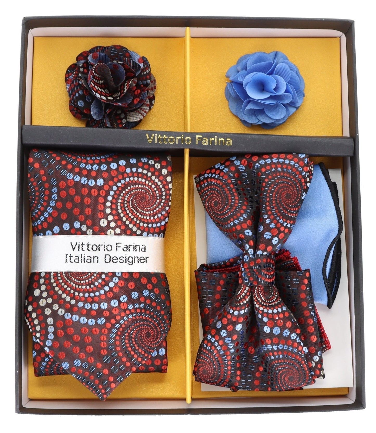 Vittorio Farina Men's Design Necktie, Bow Tie, Pocket Squares and Flower Lapel Pin in a Gift Box - GB-21039 - Necktie, Bow Tie, Pocket Squares and Flower Lapel Pin - Vittorio Farina