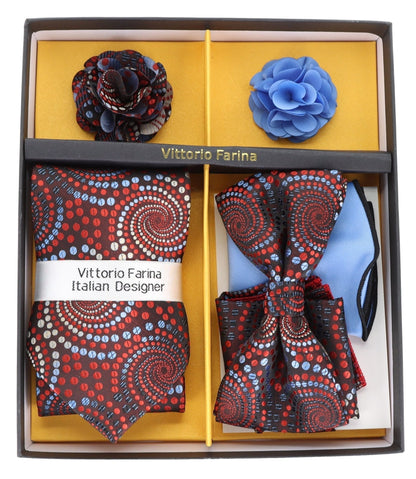 Vittorio Farina Men's Design Necktie, Bow Tie, Pocket Squares and Flower Lapel Pin in a Gift Box - GB-21039 - Necktie, Bow Tie, Pocket Squares and Flower Lapel Pin - Vittorio Farina