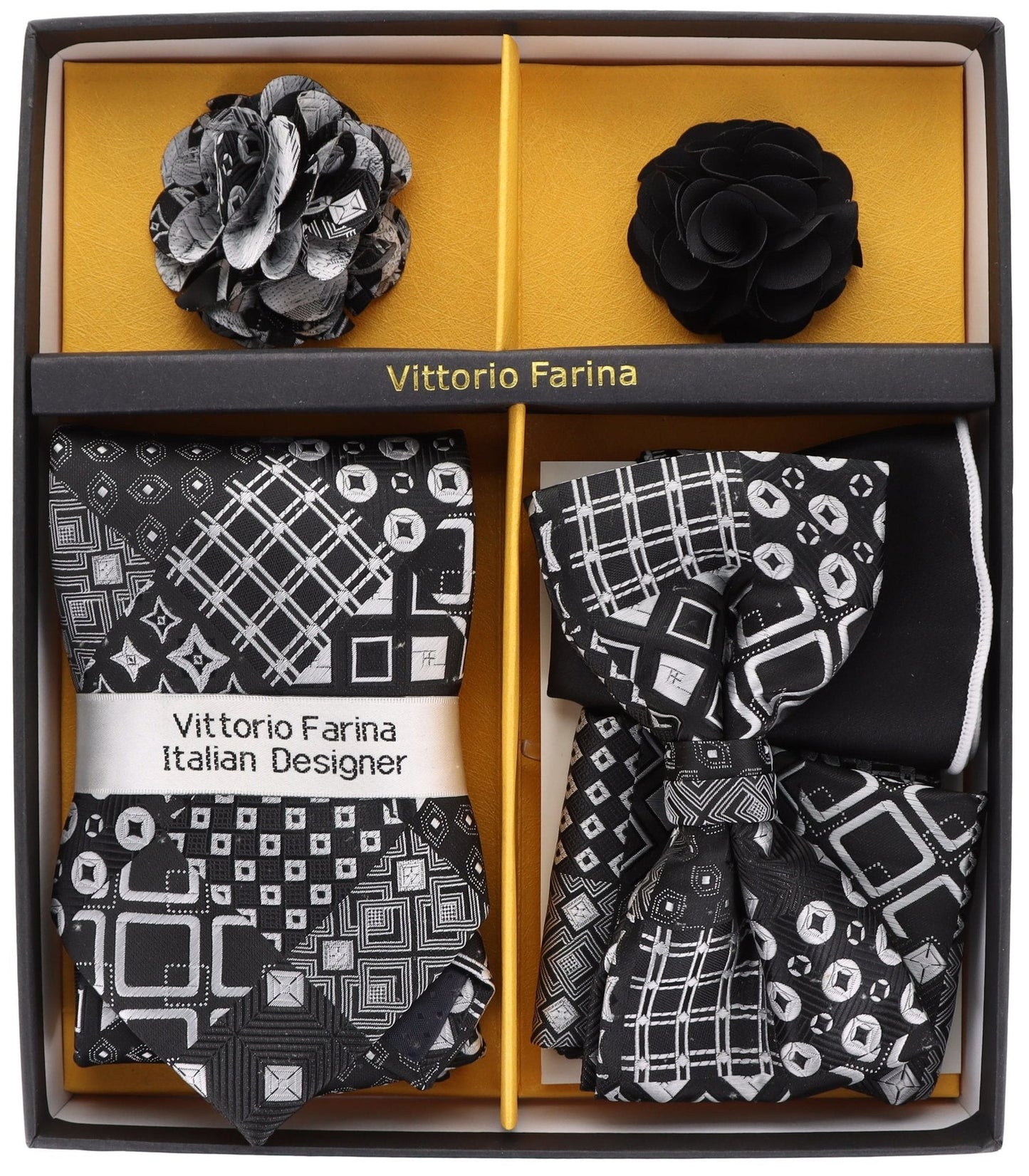 Vittorio Farina Men's Design Necktie, Bow Tie, Pocket Squares and Flower Lapel Pin in a Gift Box - GB-21039 - Necktie, Bow Tie, Pocket Squares and Flower Lapel Pin - Vittorio Farina