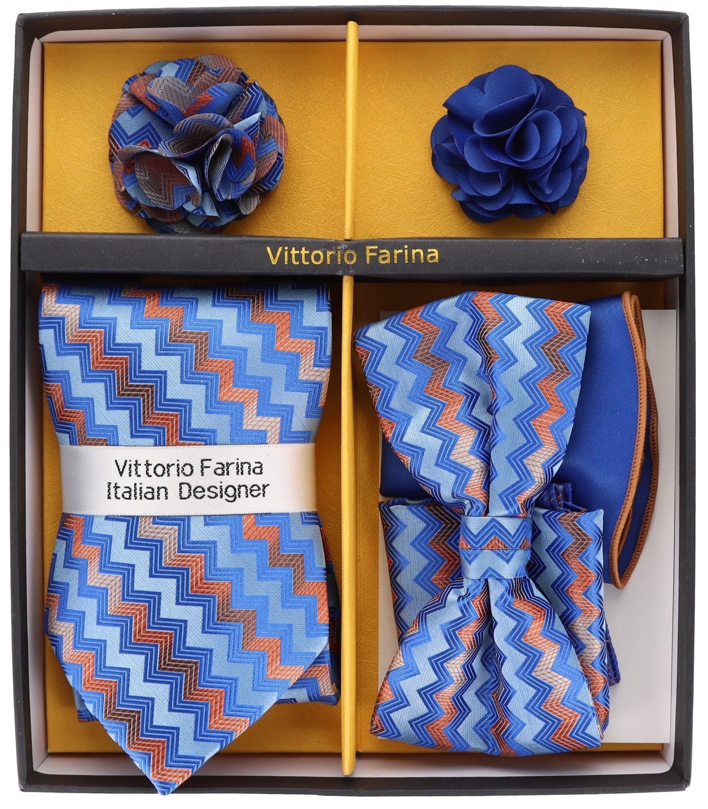Vittorio Farina Men's Design Necktie, Bow Tie, Pocket Squares and Flower Lapel Pin in a Gift Box - GB-21043 - Necktie, Bow Tie, Pocket Squares and Flower Lapel Pin - Vittorio Farina