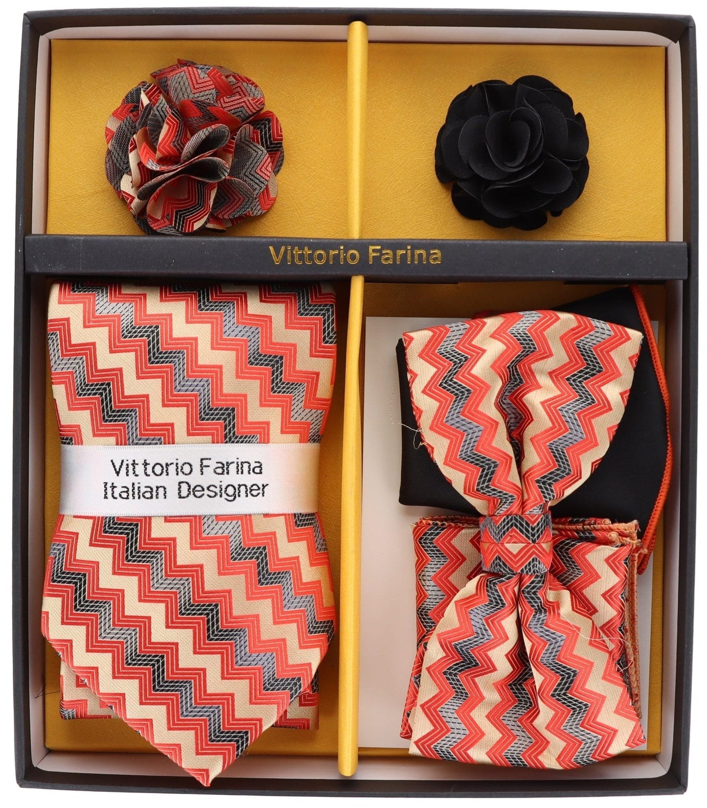 Vittorio Farina Men's Design Necktie, Bow Tie, Pocket Squares and Flower Lapel Pin in a Gift Box - GB-21044 - Necktie, Bow Tie, Pocket Squares and Flower Lapel Pin - Vittorio Farina