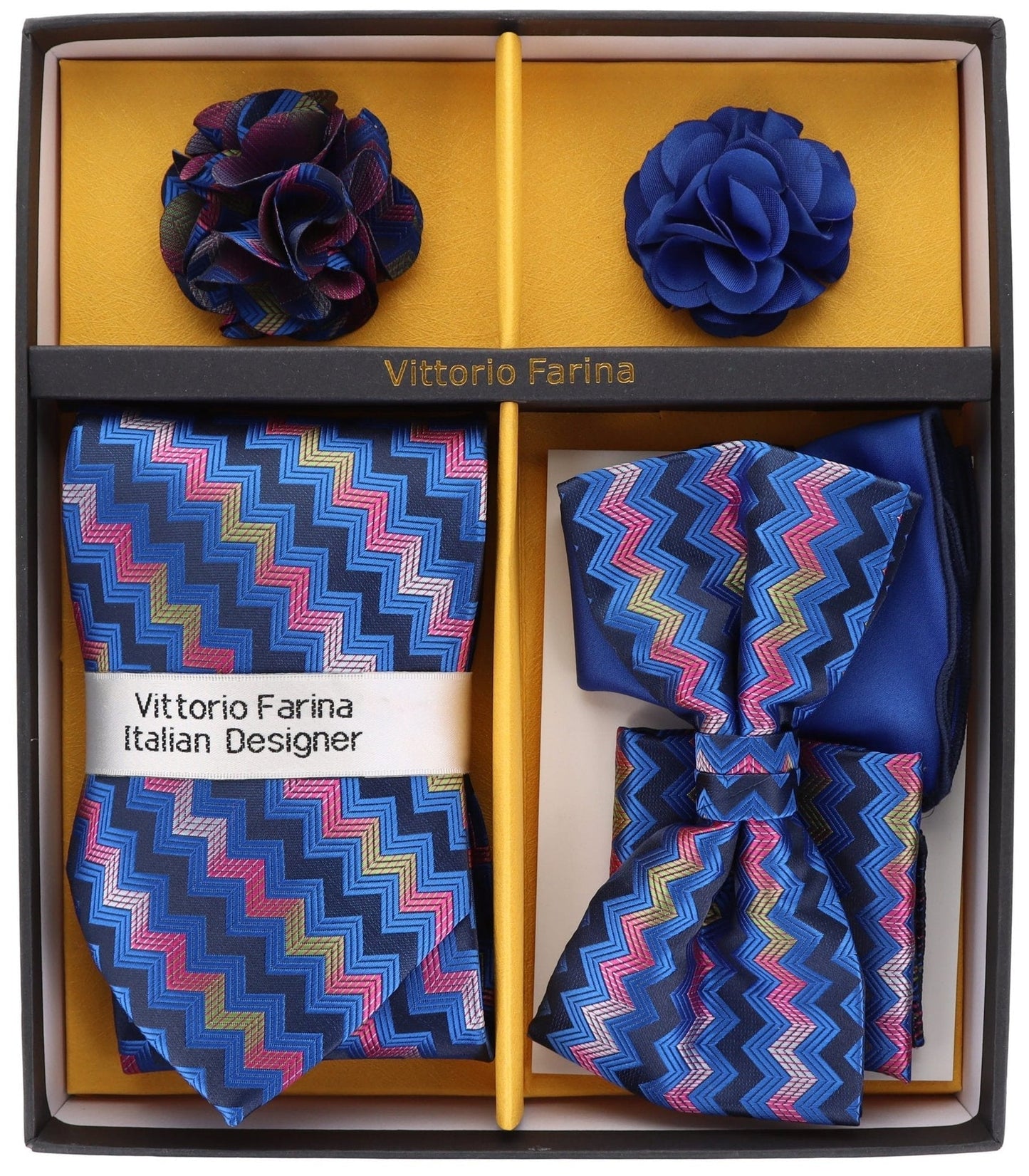 Vittorio Farina Men's Design Necktie, Bow Tie, Pocket Squares and Flower Lapel Pin in a Gift Box - GB-21045 - Necktie, Bow Tie, Pocket Squares and Flower Lapel Pin - Vittorio Farina