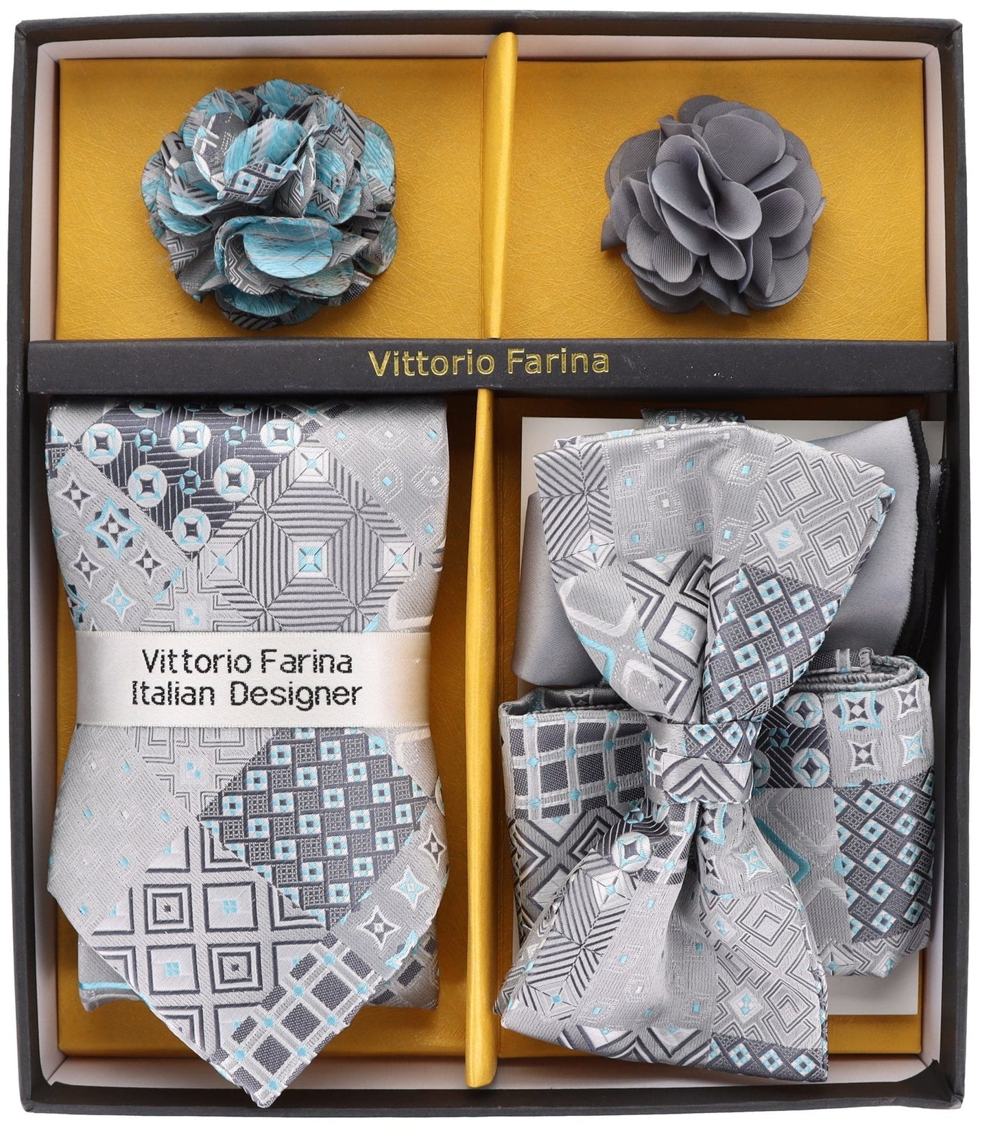 Vittorio Farina Men's Design Necktie, Bow Tie, Pocket Squares and Flower Lapel Pin in a Gift Box - GB-21050 - Necktie, Bow Tie, Pocket Squares and Flower Lapel Pin - Vittorio Farina