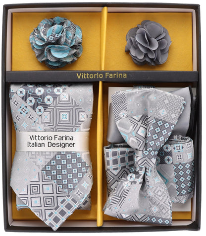 Vittorio Farina Men's Design Necktie, Bow Tie, Pocket Squares and Flower Lapel Pin in a Gift Box - GB-21050 - Necktie, Bow Tie, Pocket Squares and Flower Lapel Pin - Vittorio Farina