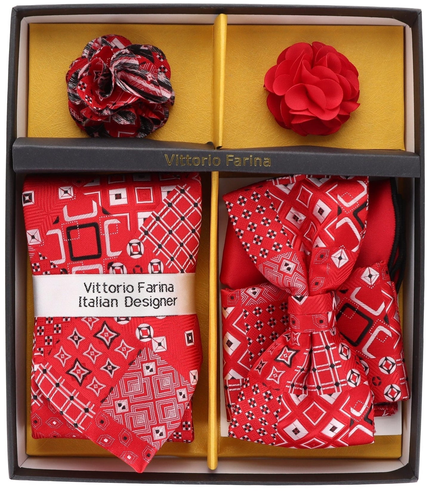 Vittorio Farina Men's Design Necktie, Bow Tie, Pocket Squares and Flower Lapel Pin in a Gift Box - GB-21050 - Necktie, Bow Tie, Pocket Squares and Flower Lapel Pin - Vittorio Farina