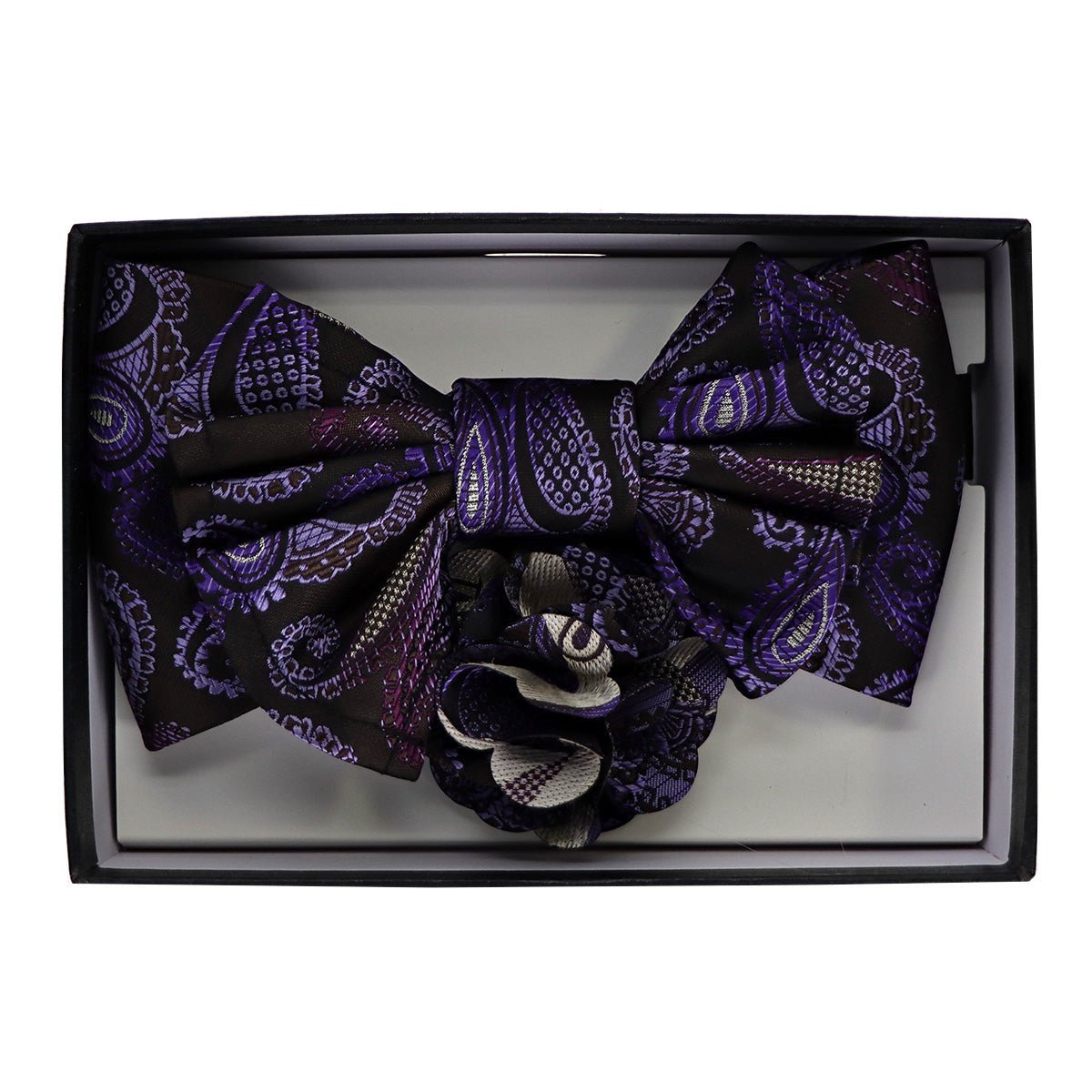 Vittorio Farina Men's Design XL Bow Tie, Pocket Square and Flower Lapel Pin in Gift Box - GB-XLBHL_2135 - Bow Tie, Pocket Square & Lapel Pin - Vittorio Farina
