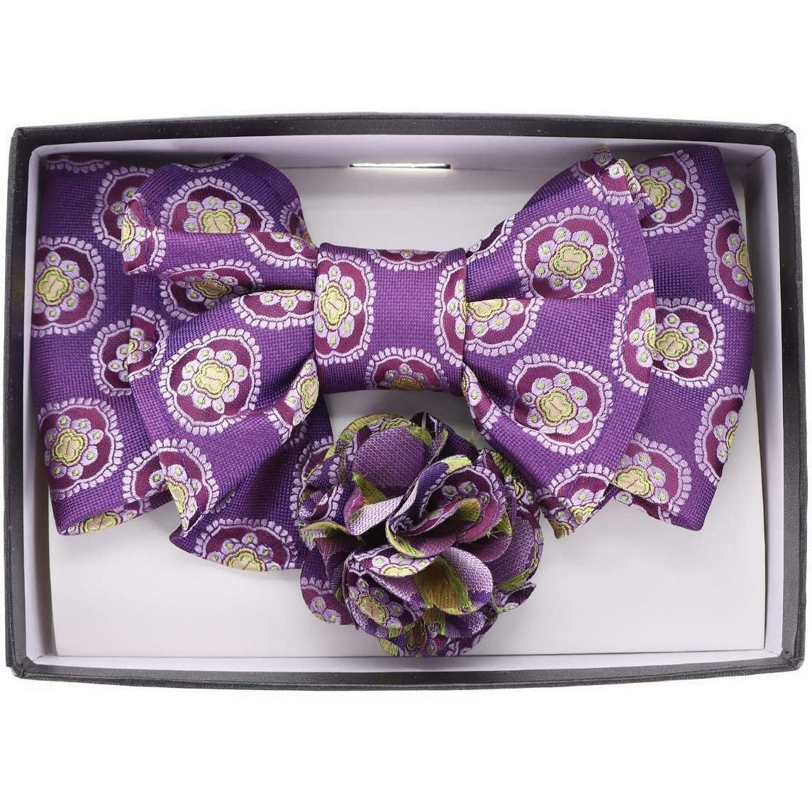 Vittorio Farina Men's Design XL Bow Tie, Pocket Square and Flower Lapel Pin in Gift Box - XL2121 - Bow Tie, Pocket Square & Lapel Pin - Vittorio Farina