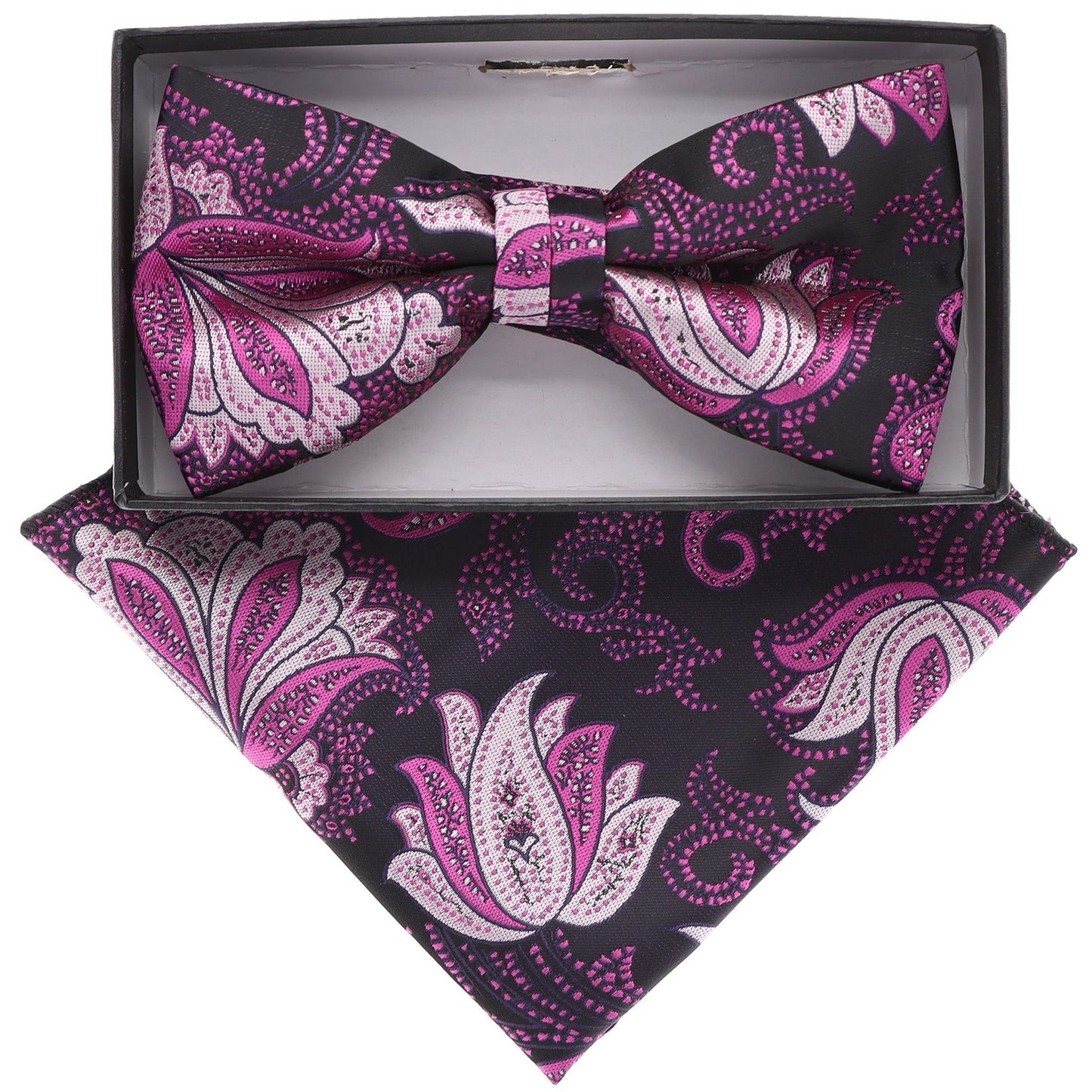 Vittorio Farina Men's Floral Design Satin Bow Tie & Pocket Square in Gift Box - BH-21080 - Bow Tie & Pocket Square - Vittorio Farina