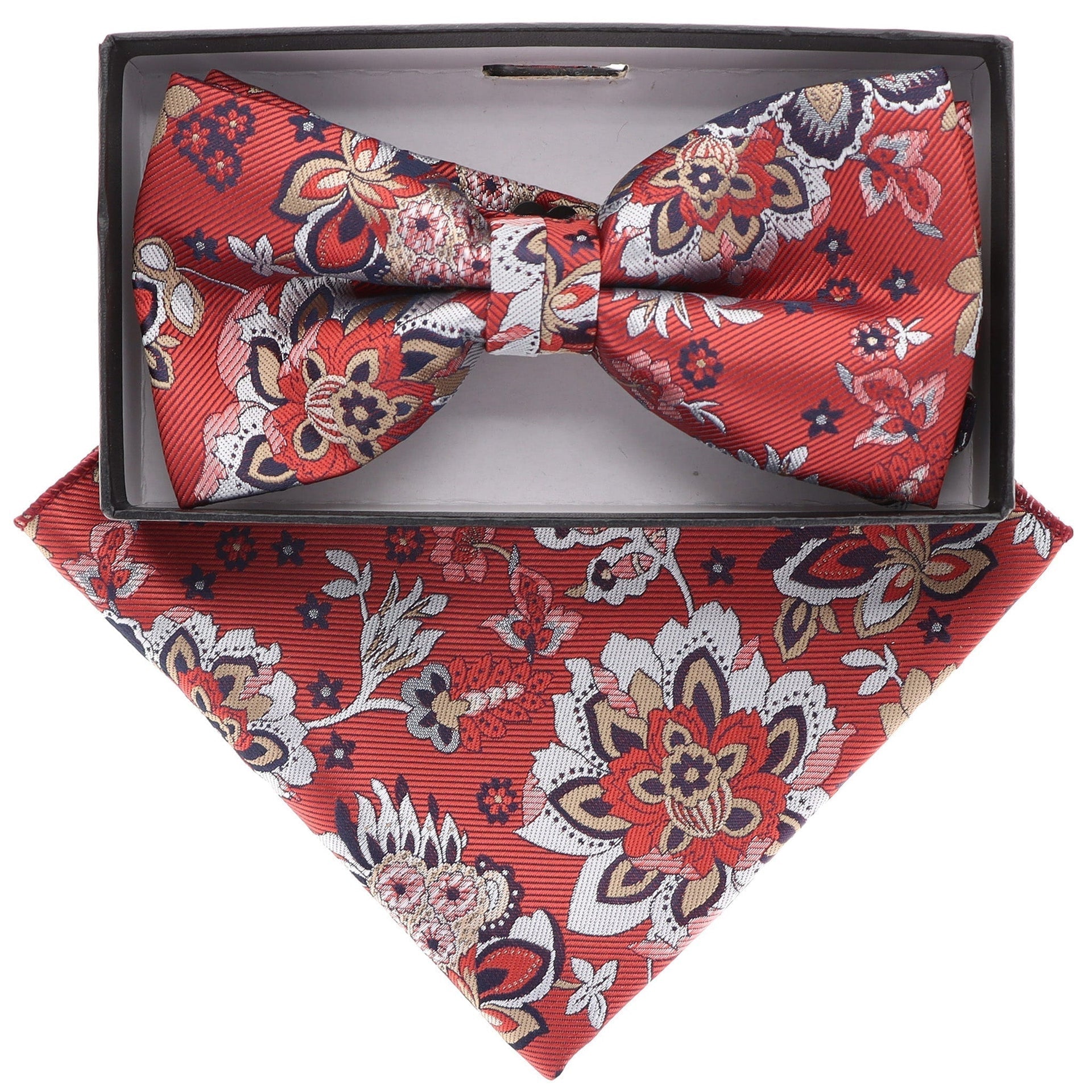 Vittorio Farina Men's Floral Design Satin Bow Tie & Pocket Square in Gift Box - BH-21080 - Bow Tie & Pocket Square - Vittorio Farina