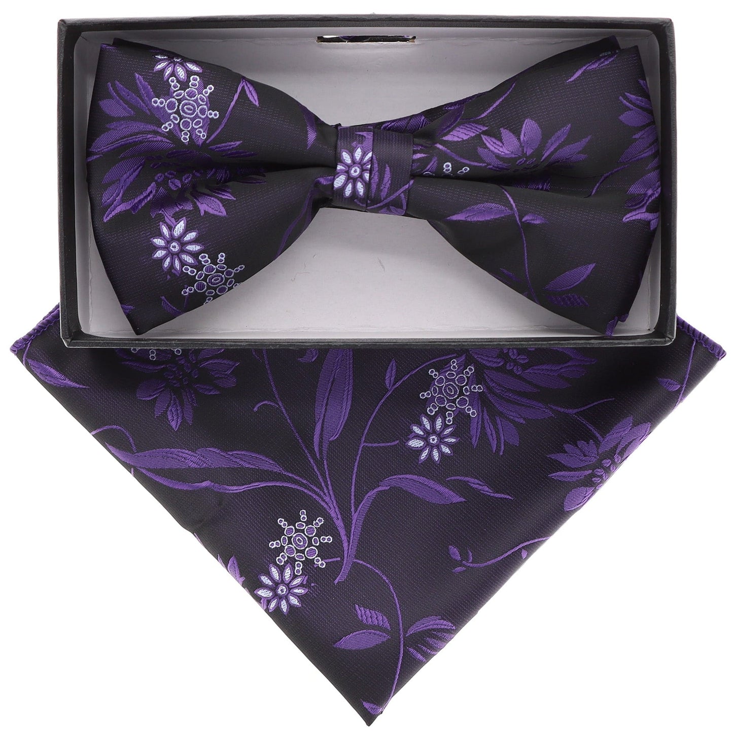 Vittorio Farina Men's Floral Design Satin Bow Tie & Pocket Square in Gift Box - BH-21080 - Bow Tie & Pocket Square - Vittorio Farina