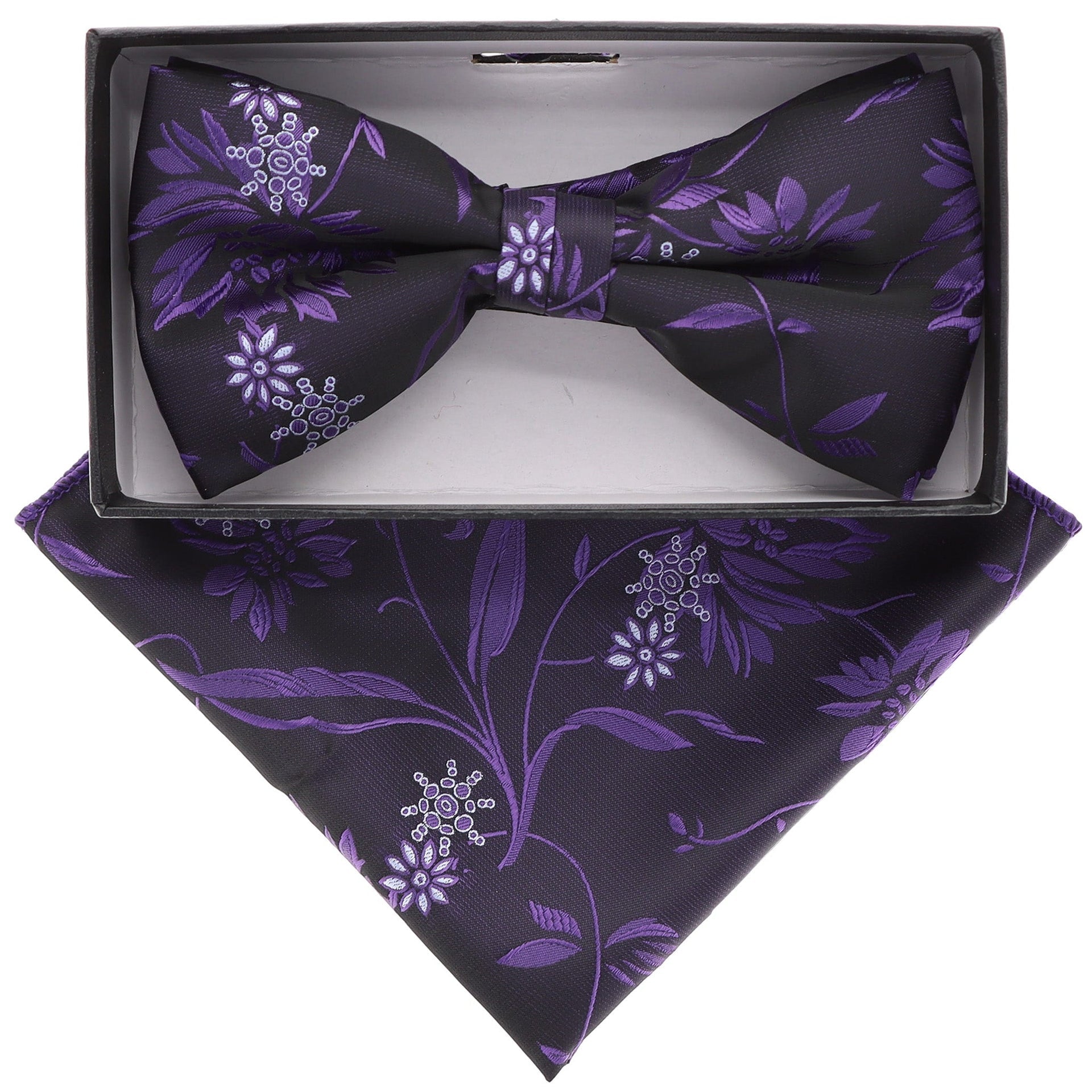 Vittorio Farina Men's Floral Design Satin Bow Tie & Pocket Square in Gift Box - BH-21080 - Bow Tie & Pocket Square - Vittorio Farina