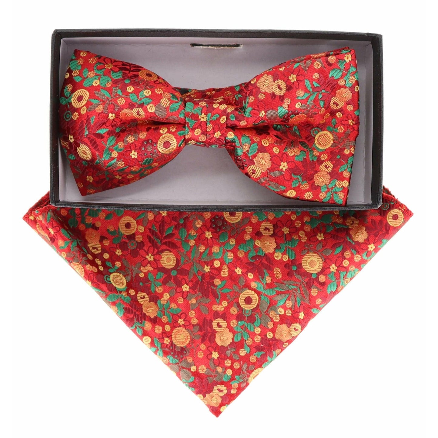 Vittorio Farina Men's Floral Design Satin Bow Tie & Pocket Square in Gift Box - BH-21143 - Bow Tie & Pocket Square - Vittorio Farina