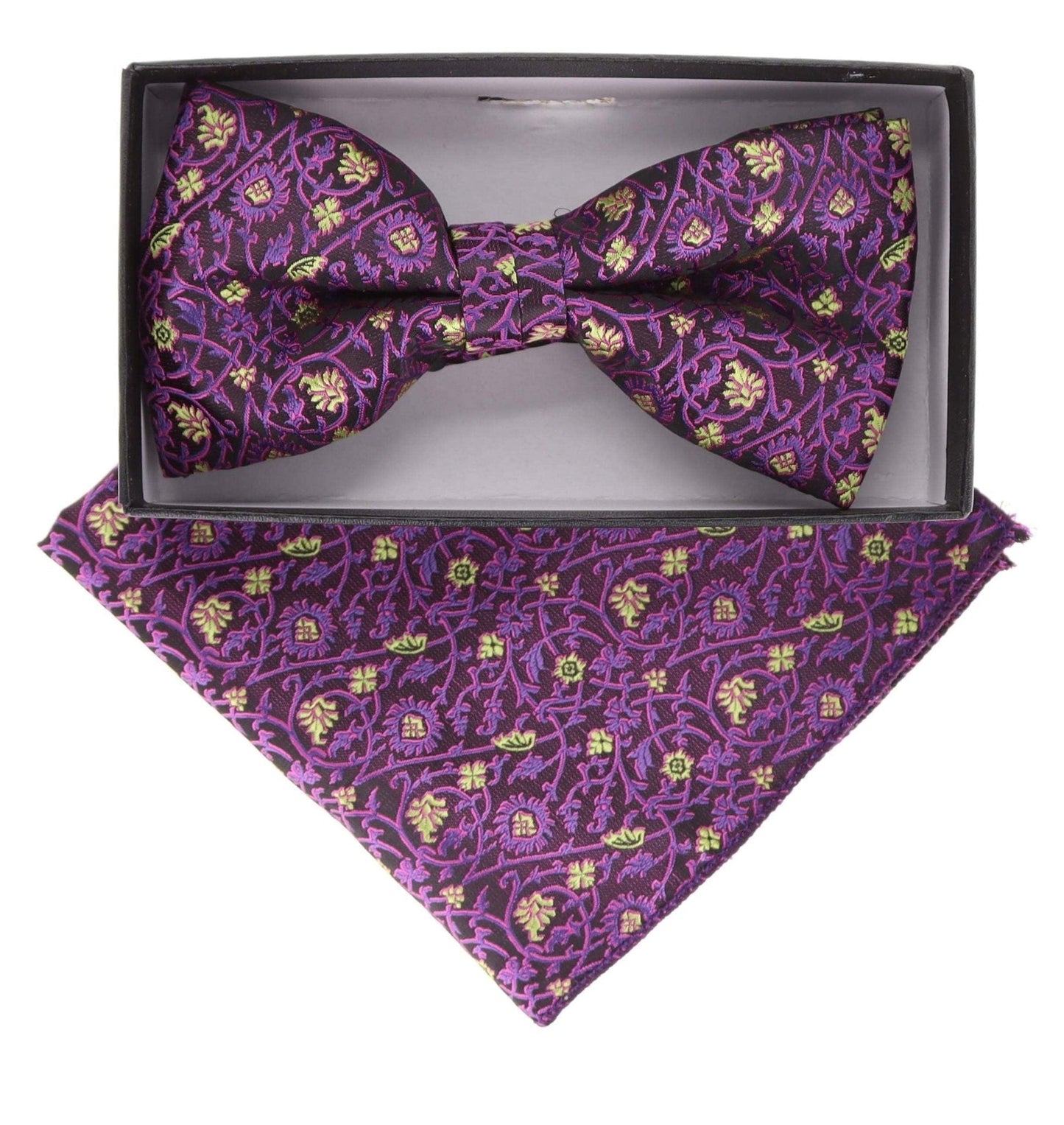 Vittorio Farina Men's Floral Design Satin Bow Tie & Pocket Square in Gift Box - BH-21148 - Bow Tie & Pocket Square - Vittorio Farina