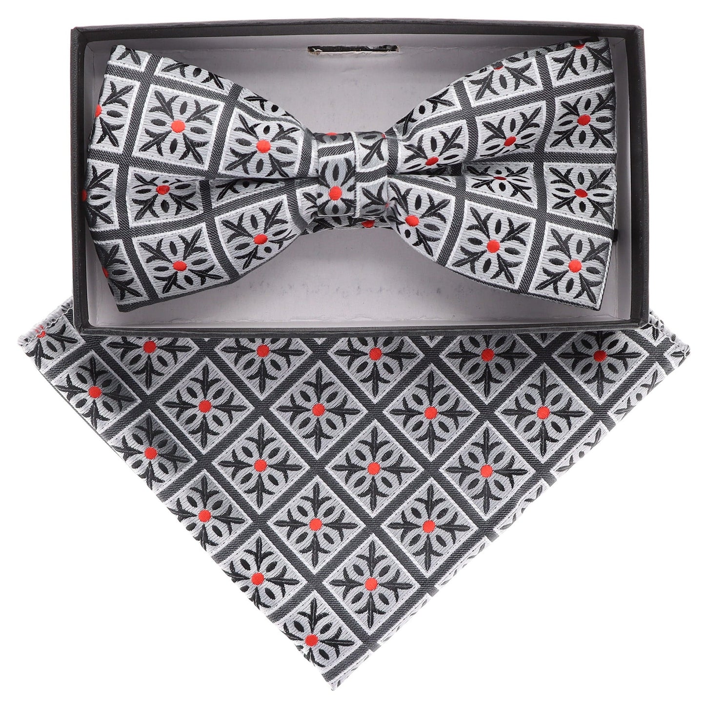 Vittorio Farina Men's Geometric Design Satin Bow Tie & Pocket Square in Gift Box - BH-21059 - Bow Tie & Pocket Square - Vittorio Farina