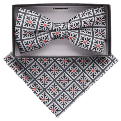 Vittorio Farina Men's Geometric Design Satin Bow Tie & Pocket Square in Gift Box - BH-21059 - Bow Tie & Pocket Square - Vittorio Farina