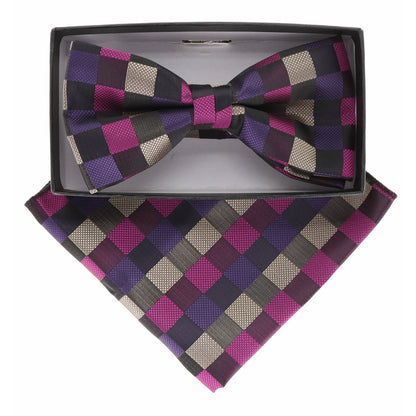 Vittorio Farina Men's Geometric Design Satin Bow Tie & Pocket Square in Gift Box - BH-21070 - Bow Tie & Pocket Square - Vittorio Farina