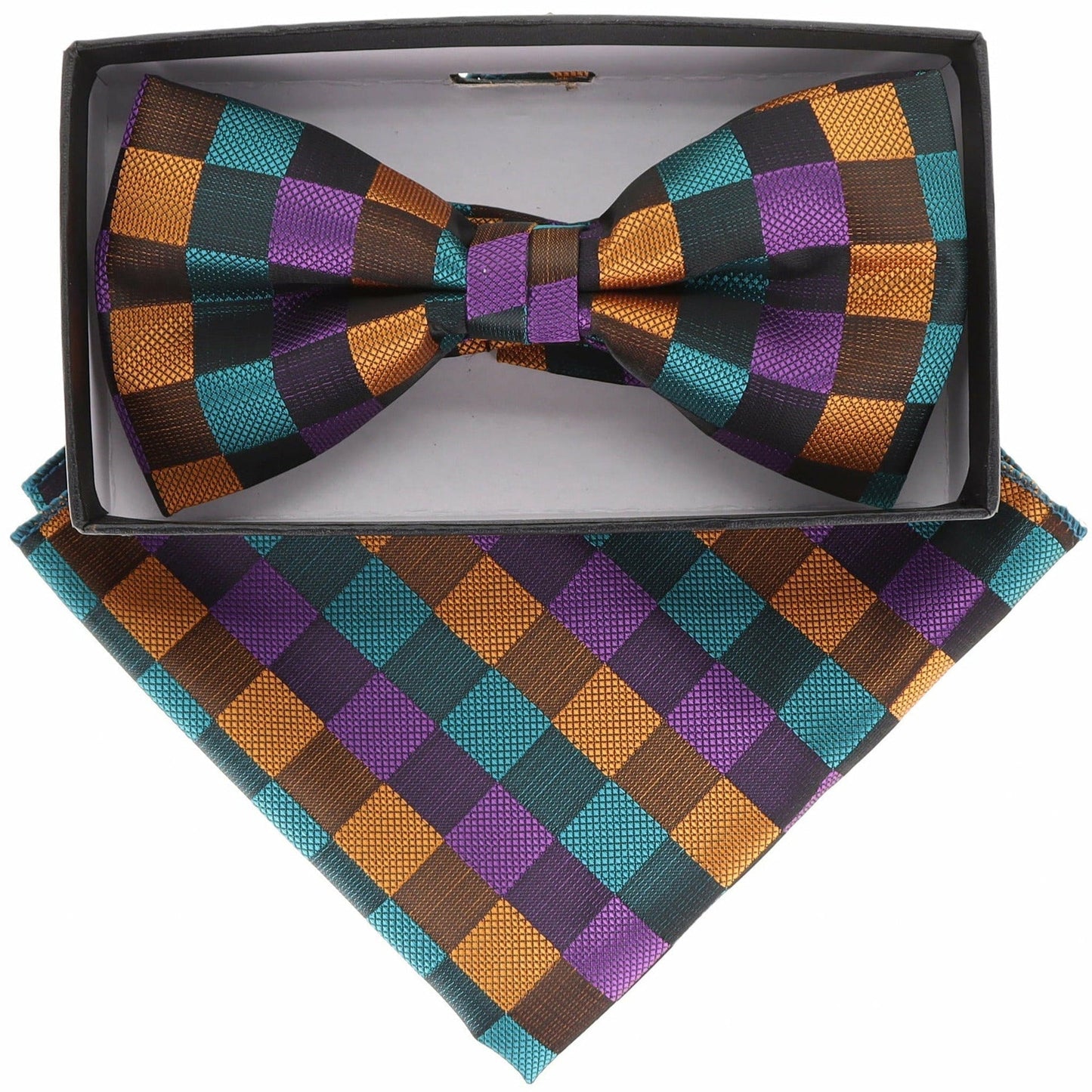 Vittorio Farina Men's Geometric Design Satin Bow Tie & Pocket Square in Gift Box - BH-21071 - Bow Tie & Pocket Square - Vittorio Farina