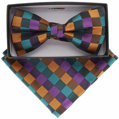 Vittorio Farina Men's Geometric Design Satin Bow Tie & Pocket Square in Gift Box - BH-21071 - Bow Tie & Pocket Square - Vittorio Farina