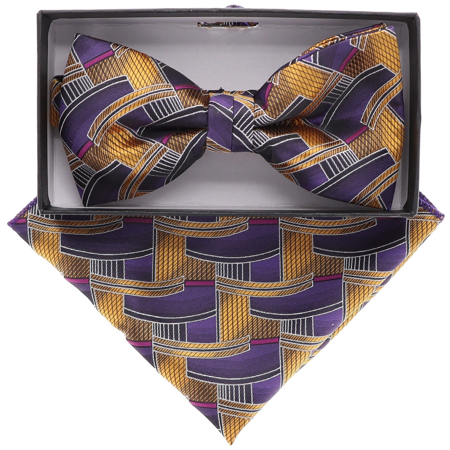 Vittorio Farina Men's Geometric Design Satin Bow Tie & Pocket Square in Gift Box - BH-21108 - Bow Tie & Pocket Square - Vittorio Farina