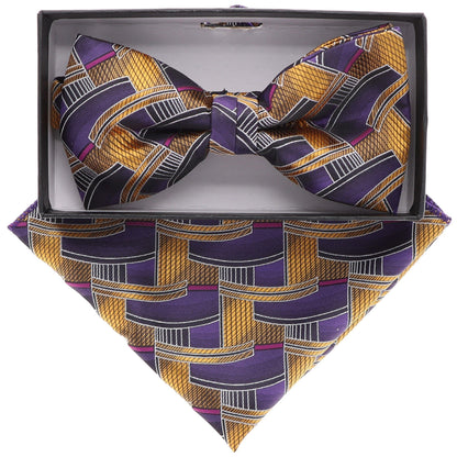 Vittorio Farina Men's Geometric Design Satin Bow Tie & Pocket Square in Gift Box - BH-21108 - Bow Tie & Pocket Square - Vittorio Farina