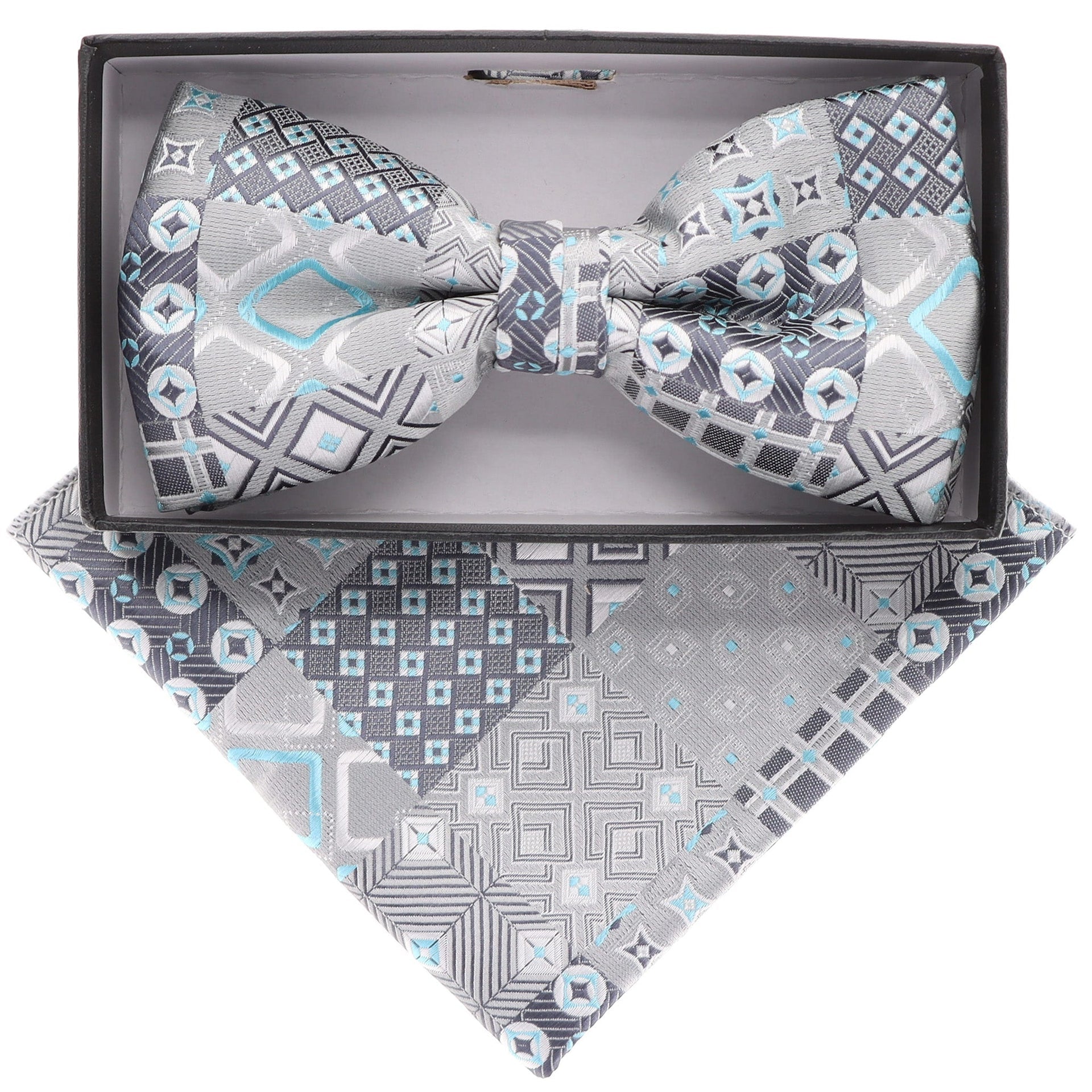 Vittorio Farina Men's Geometric Design Satin Bow Tie & Pocket Square in Gift Box - BH-21161 - Bow Tie & Pocket Square - Vittorio Farina