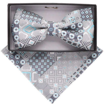 Vittorio Farina Men's Geometric Design Satin Bow Tie & Pocket Square in Gift Box - BH-21161 - Bow Tie & Pocket Square - Vittorio Farina