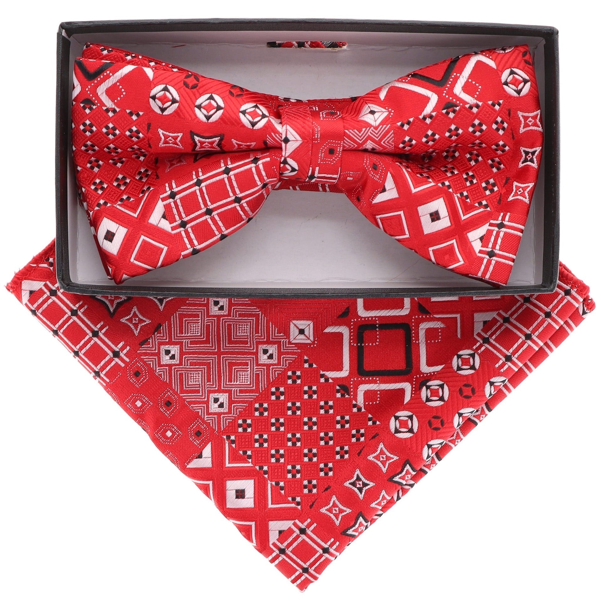 Vittorio Farina Men's Geometric Design Satin Bow Tie & Pocket Square in Gift Box - BH-21161 - Bow Tie & Pocket Square - Vittorio Farina