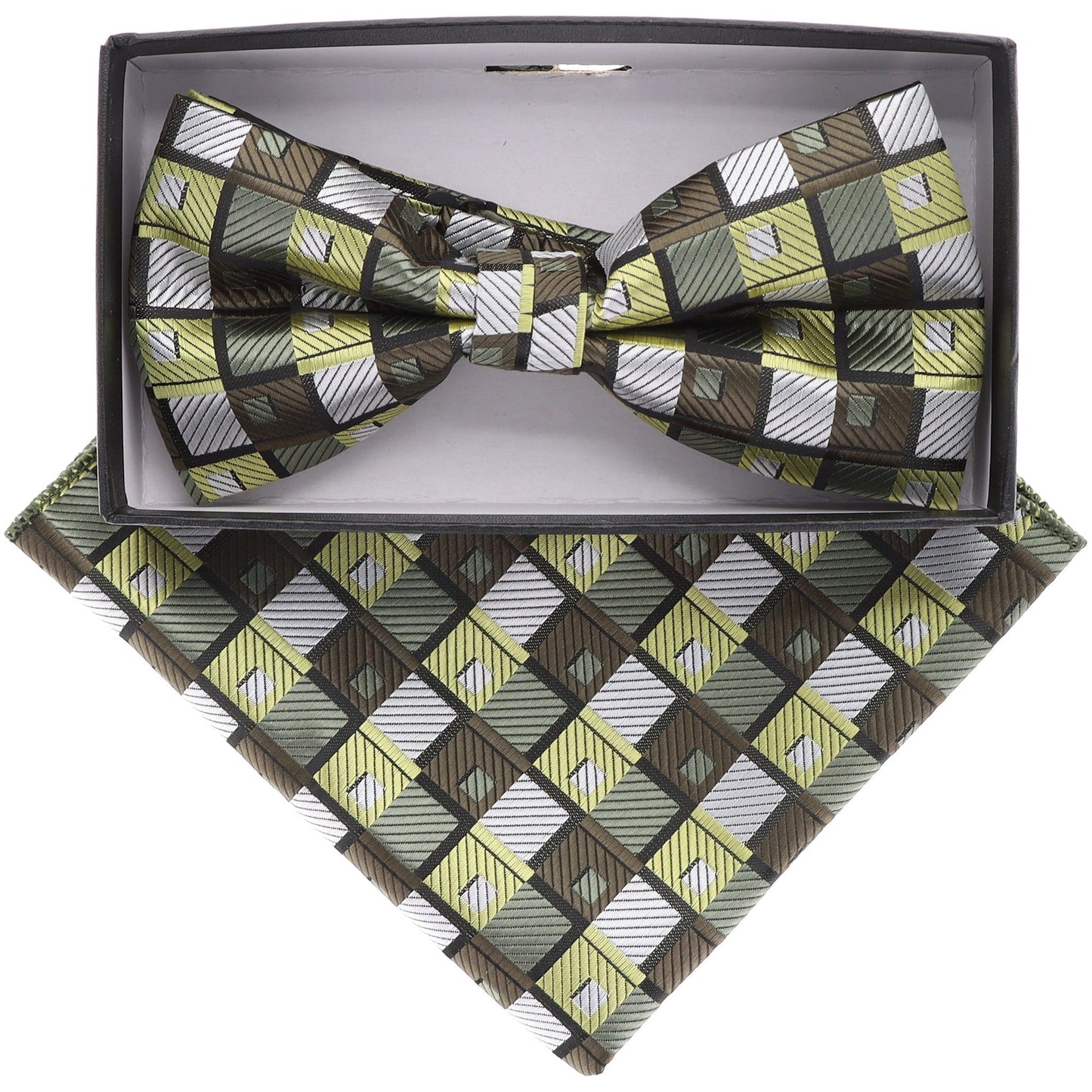 Vittorio Farina Men's Geometric Design Satin Bow Tie & Pocket Square in Gift Box - BH-21161 - Bow Tie & Pocket Square - Vittorio Farina