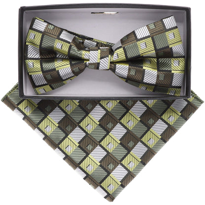 Vittorio Farina Men's Geometric Design Satin Bow Tie & Pocket Square in Gift Box - BH-21161 - Bow Tie & Pocket Square - Vittorio Farina