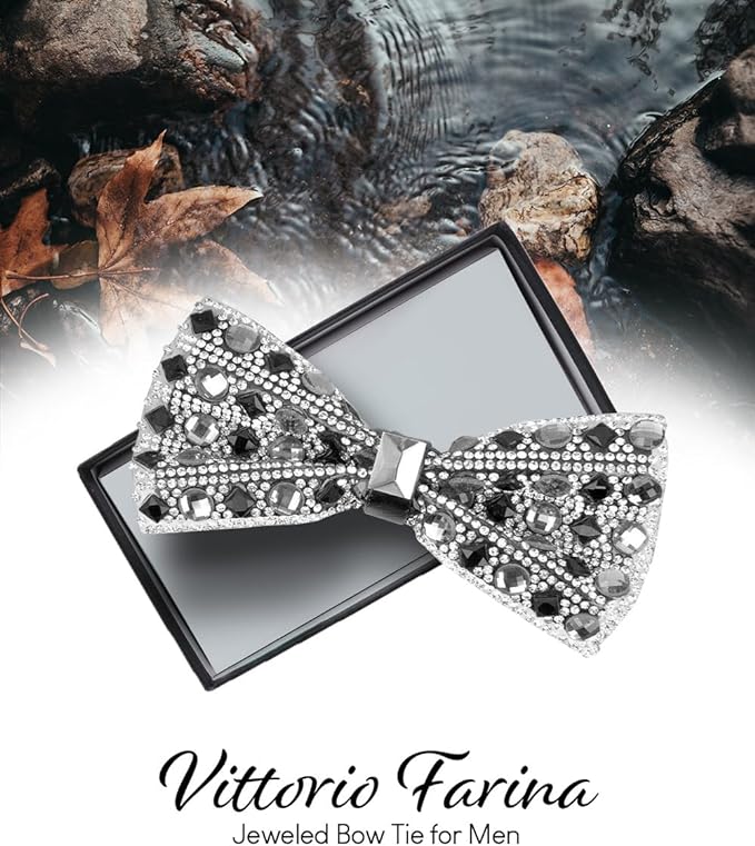 Vittorio Farina Men's Jeweled Bow Tie in Gift Box - Jeweled: Silver and Black - Bow Tie - Vittorio Farina
