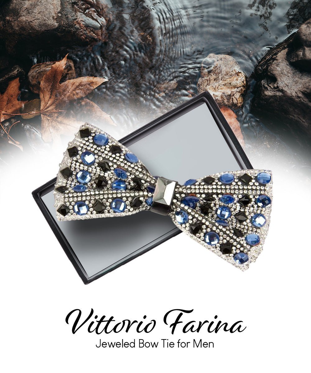 Vittorio Farina Men's Jeweled Bow Tie in Gift Box - Jeweled: Silver and Blue - Bow Tie - Vittorio Farina