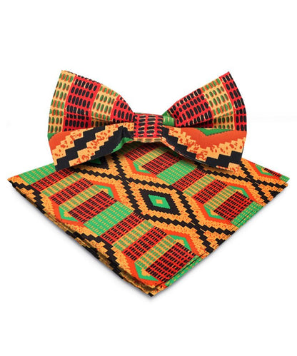 Vittorio Farina Men's Kente Satin Bow Tie & Pocket Square in Gift Box - Kente 2 - Bow Tie & Pocket Square - Vittorio Farina
