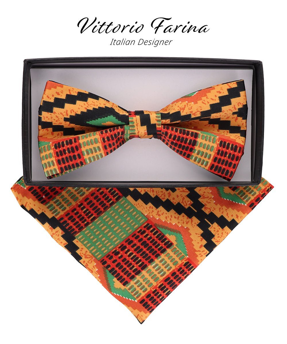 Vittorio Farina Men's Kente Satin Bow Tie & Pocket Square in Gift Box - Kente 2 - Bow Tie & Pocket Square - Vittorio Farina